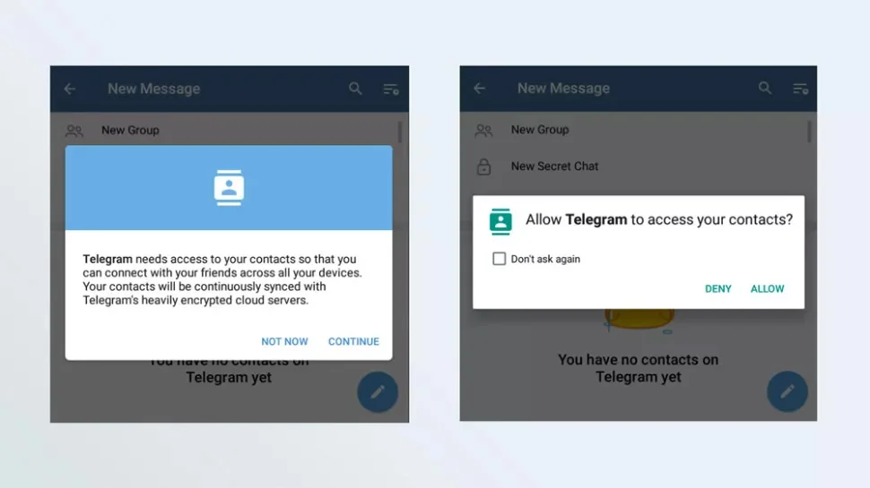 alt AoxVPN Screenshots of the Telegram contacts-permission process in Android.