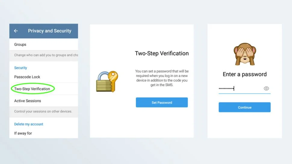 alt AoxVPN Screenshots of the two-step verification steps in the Telegram Android app.